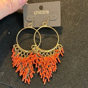 Chico's Gold Hoop Earrings with Orange Bead Fringe